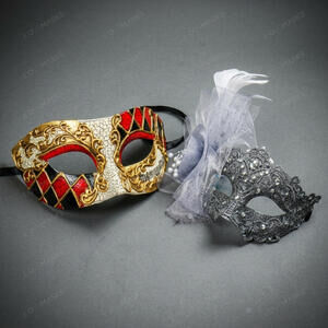 Venetian Harlequin Lace Masquerade Halloween Party mask Red Gold Grey